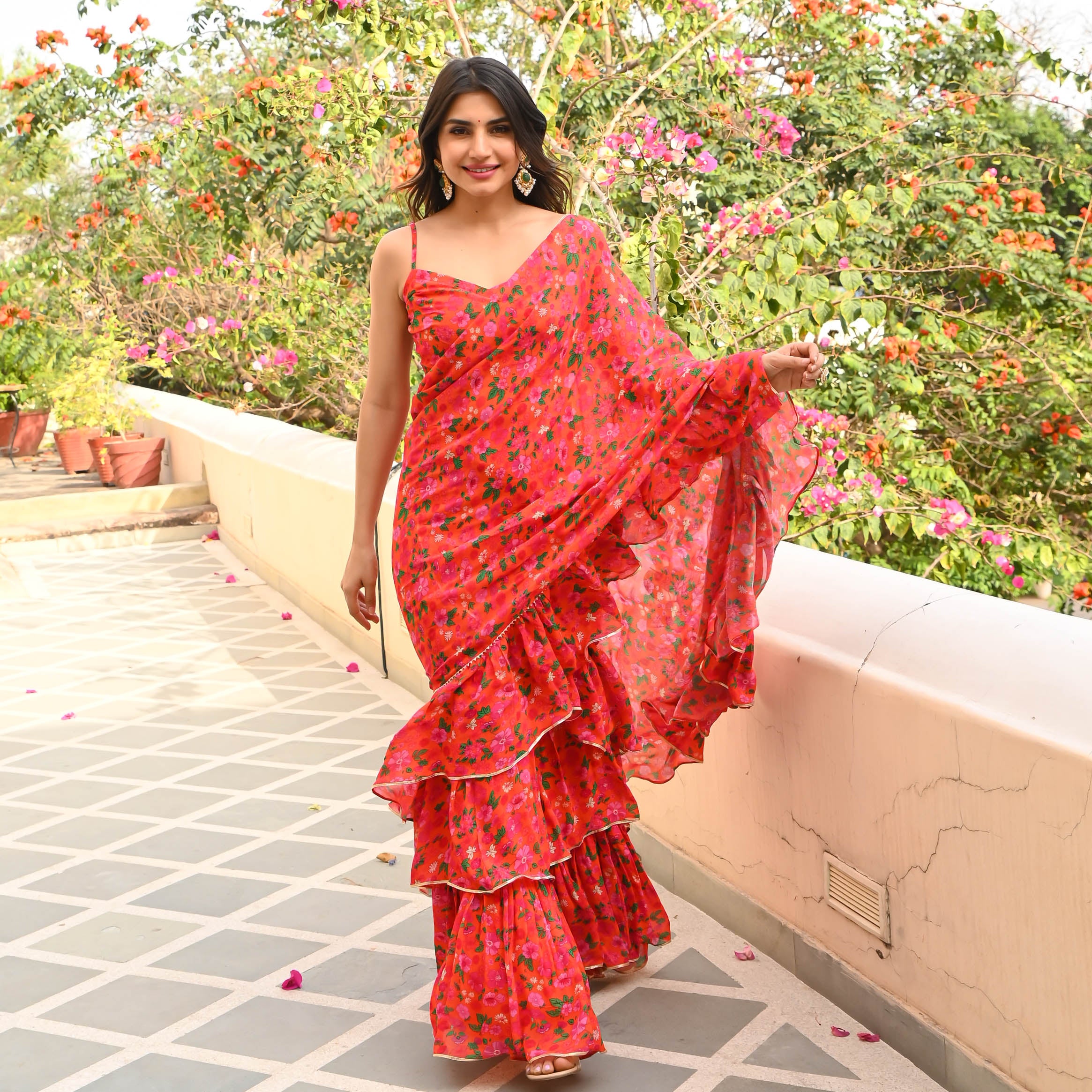 Red Malati Floral Drape Saree for women online